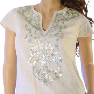 VINEYARD VINES $248 Linen Beaded MOP Button Cap Sleeve Sheath Mini Dress 2